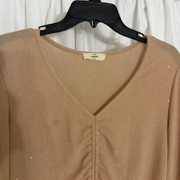 Entro Womens Small Ruched Drawstring Gold Glitter Blouse - Picture 3 of 6